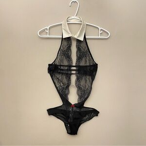 La SENZA Black Lace Bodysuit White Collar & Rhinestone Detail